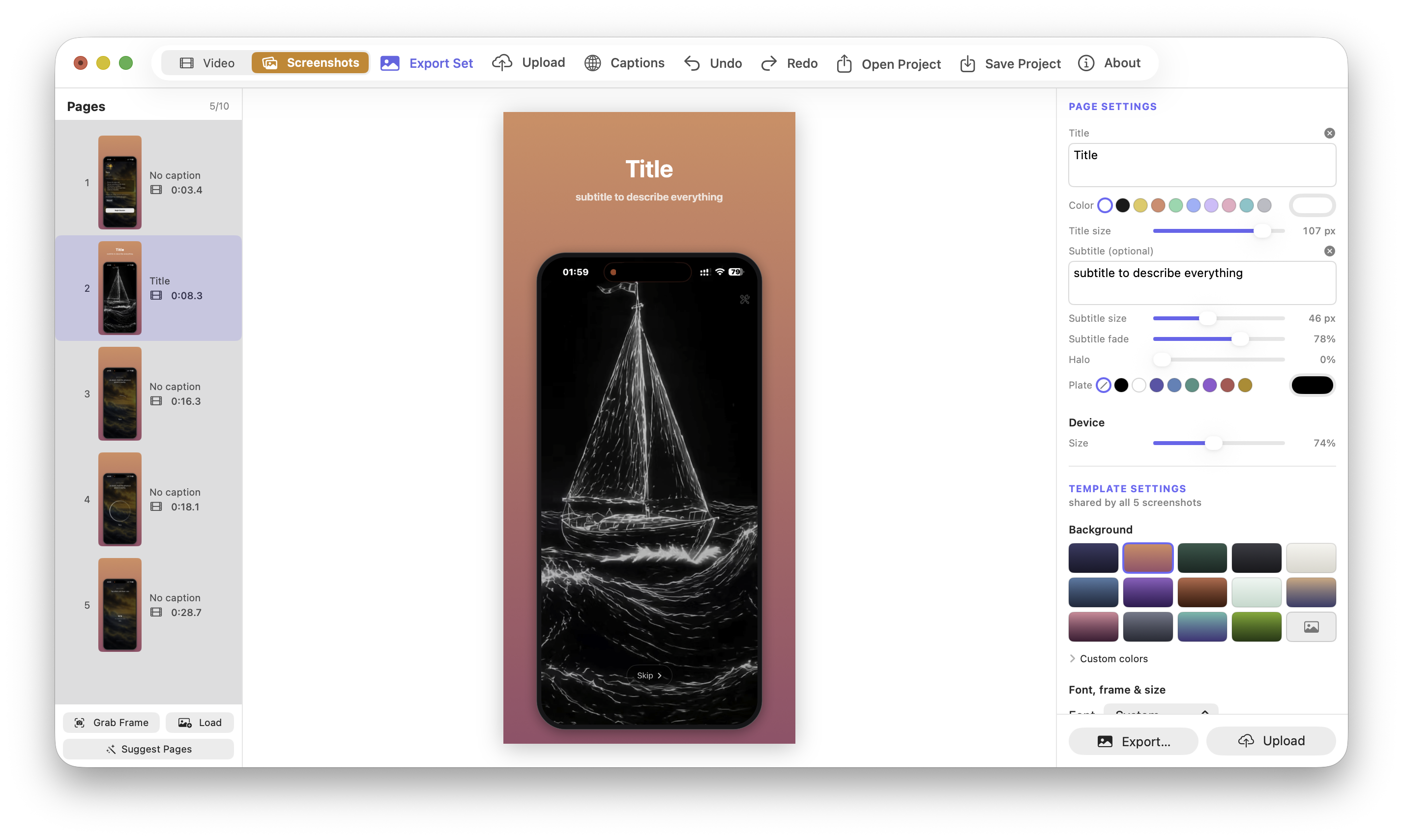Designing an App Store screenshot in App Store Preview Studio — title, subtitle, device frame and background