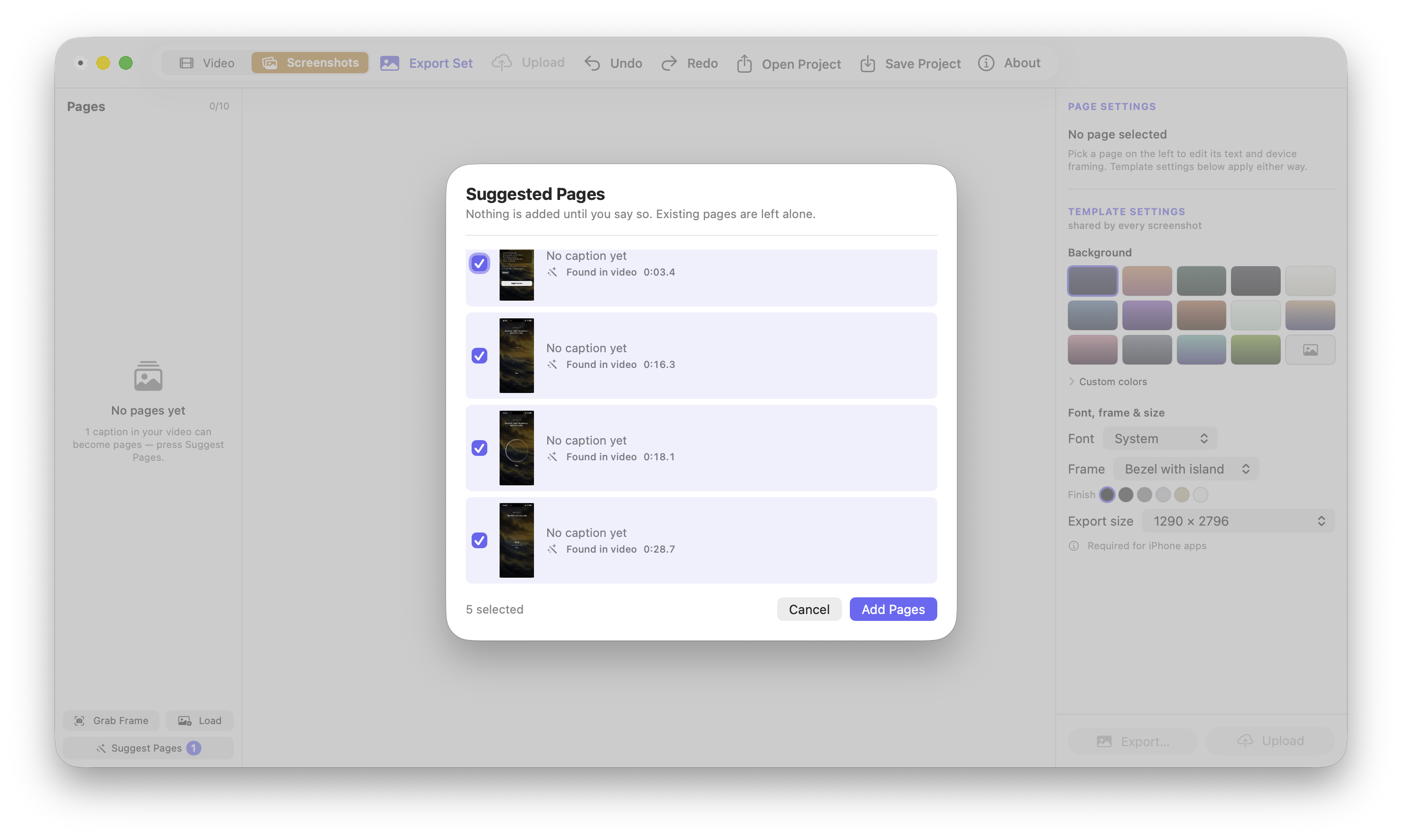 Suggested screenshots picked automatically from the preview video, waiting to be approved
